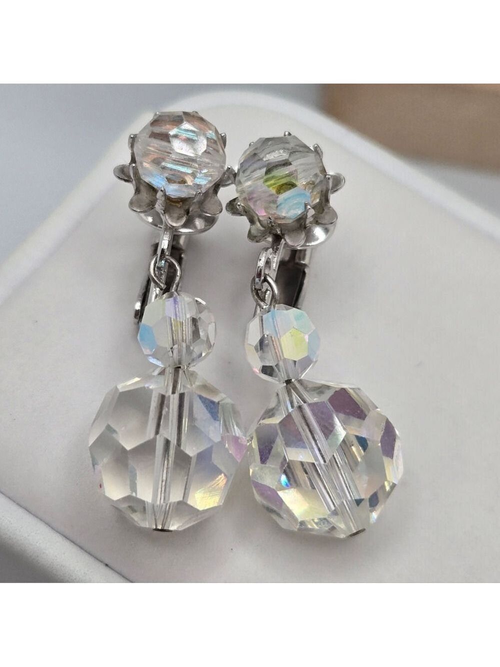 Vintage Coro Aurora Borealis Crystal Drop Earrings 1950s AB Clip-On Bridal
